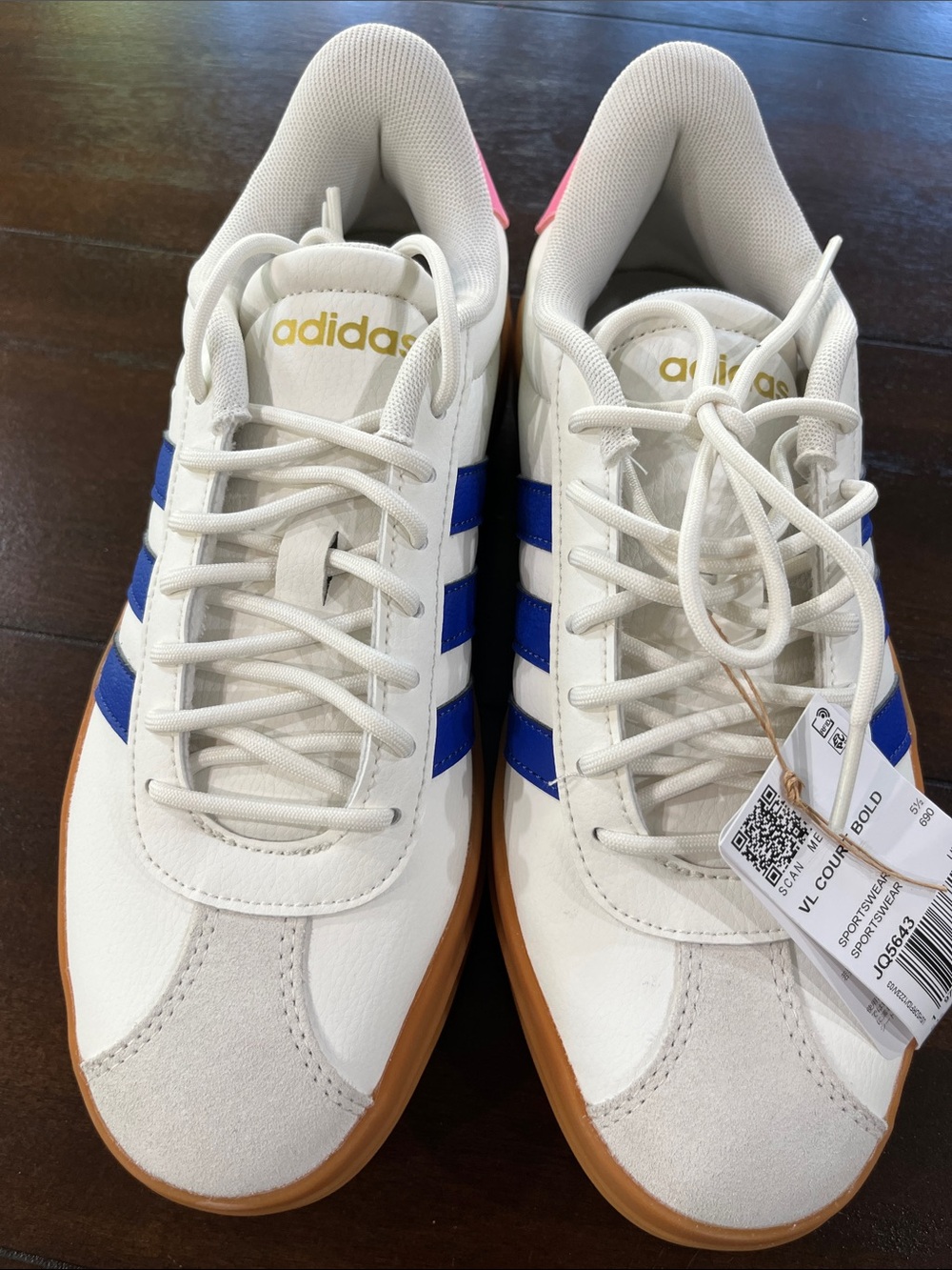 adidas White Sneakers with Blue Stripes and Gum Sole